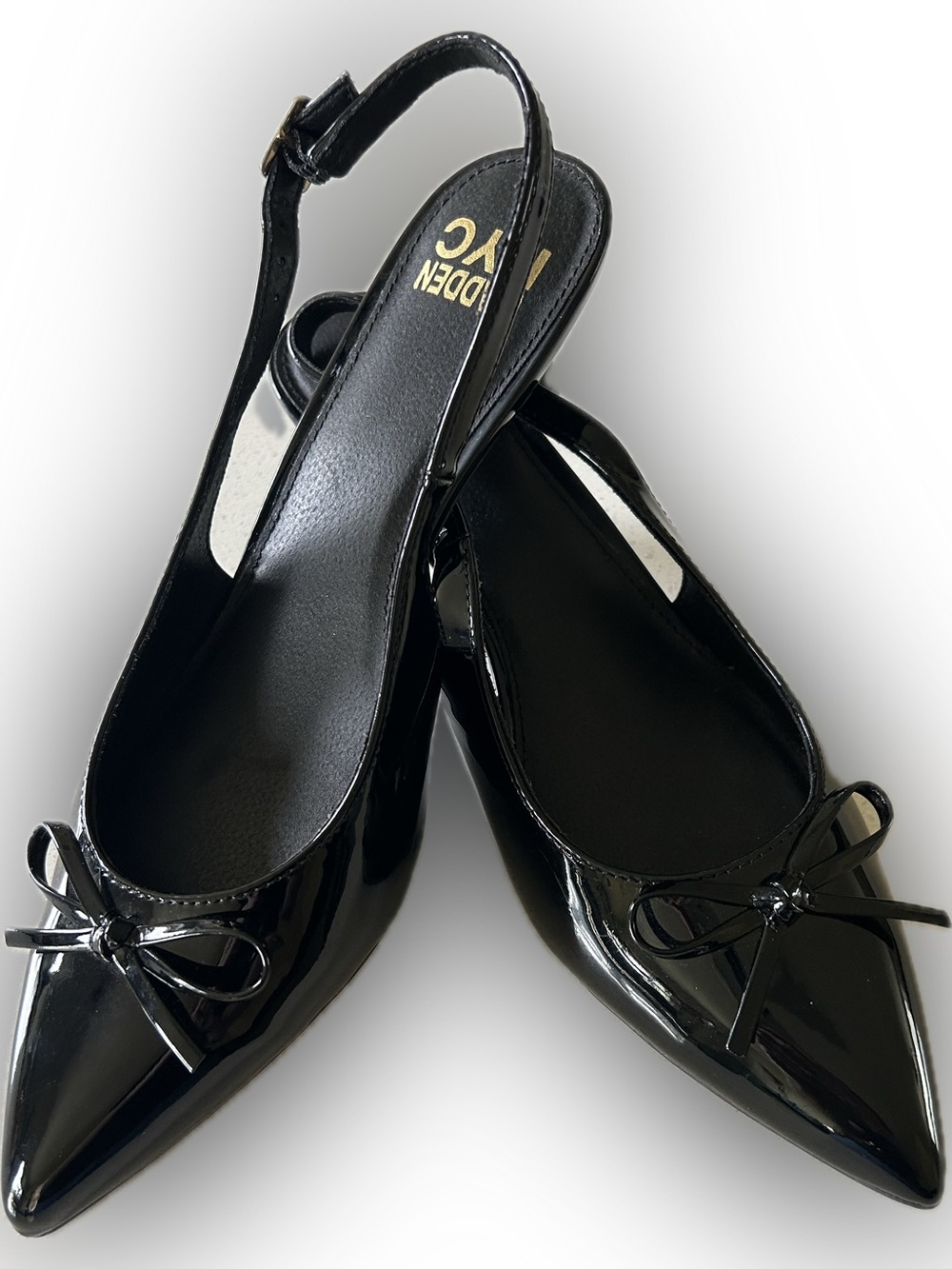 Black Patent Pointed-Toe Slingback Heels with Bow Accent
